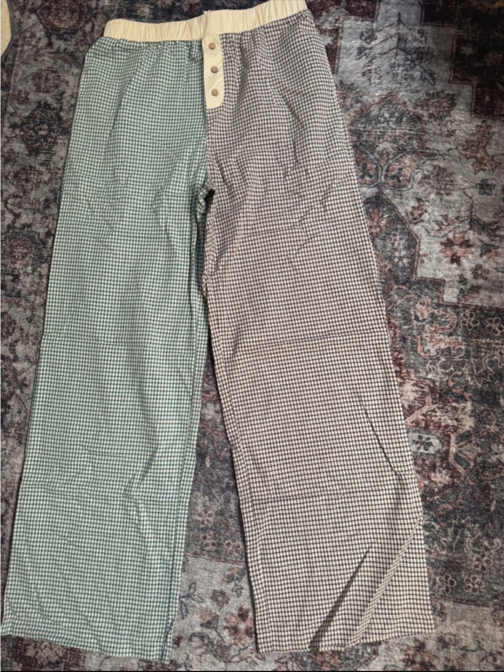 Two-Tone Check Straight Leg Pants in Green and Beige